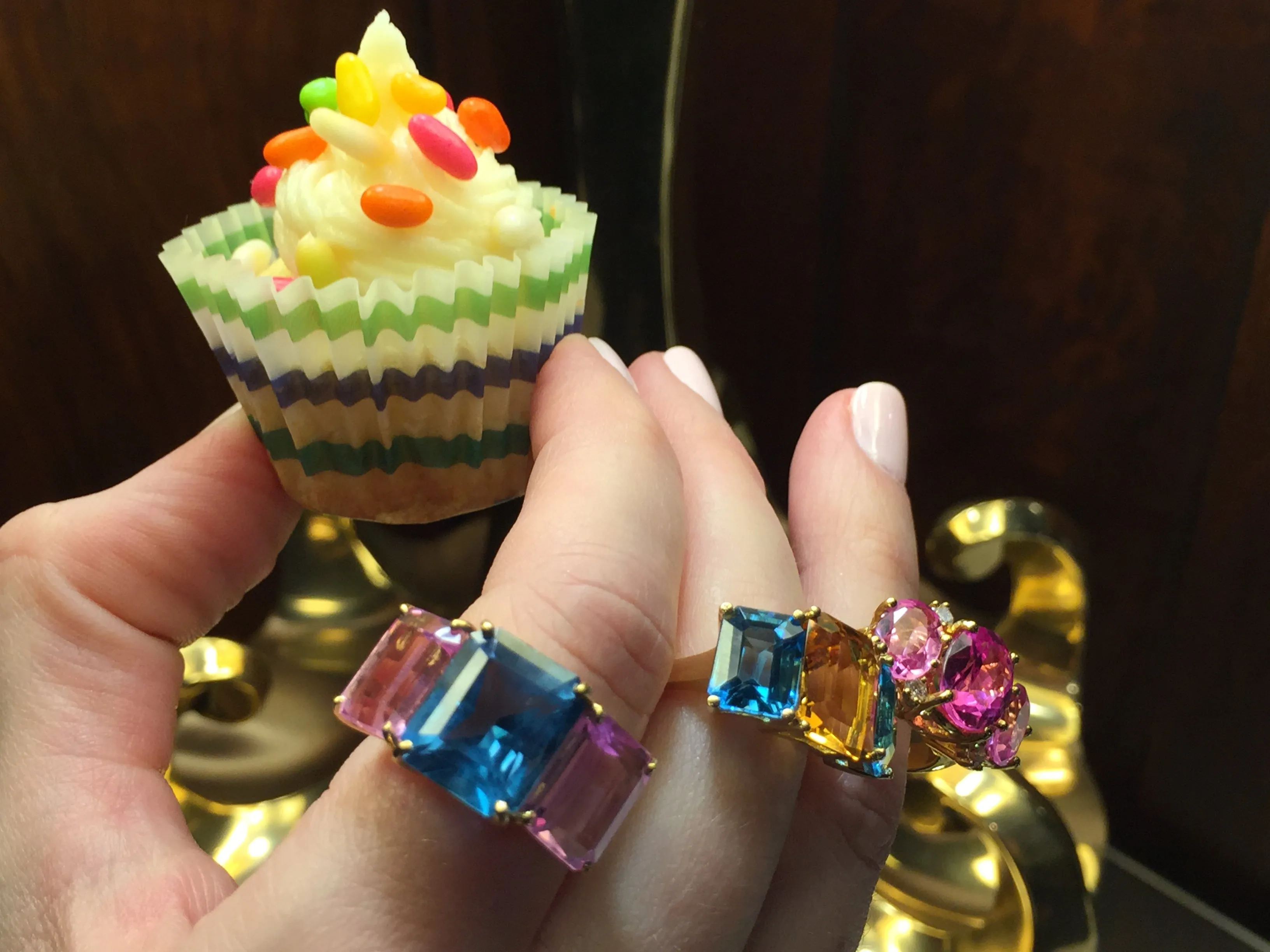 Bright Blue and Bright Pink Topaz Emerald cut three stone ring