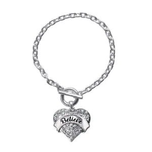Silver Believe Pave Heart Charm Toggle Bracelet