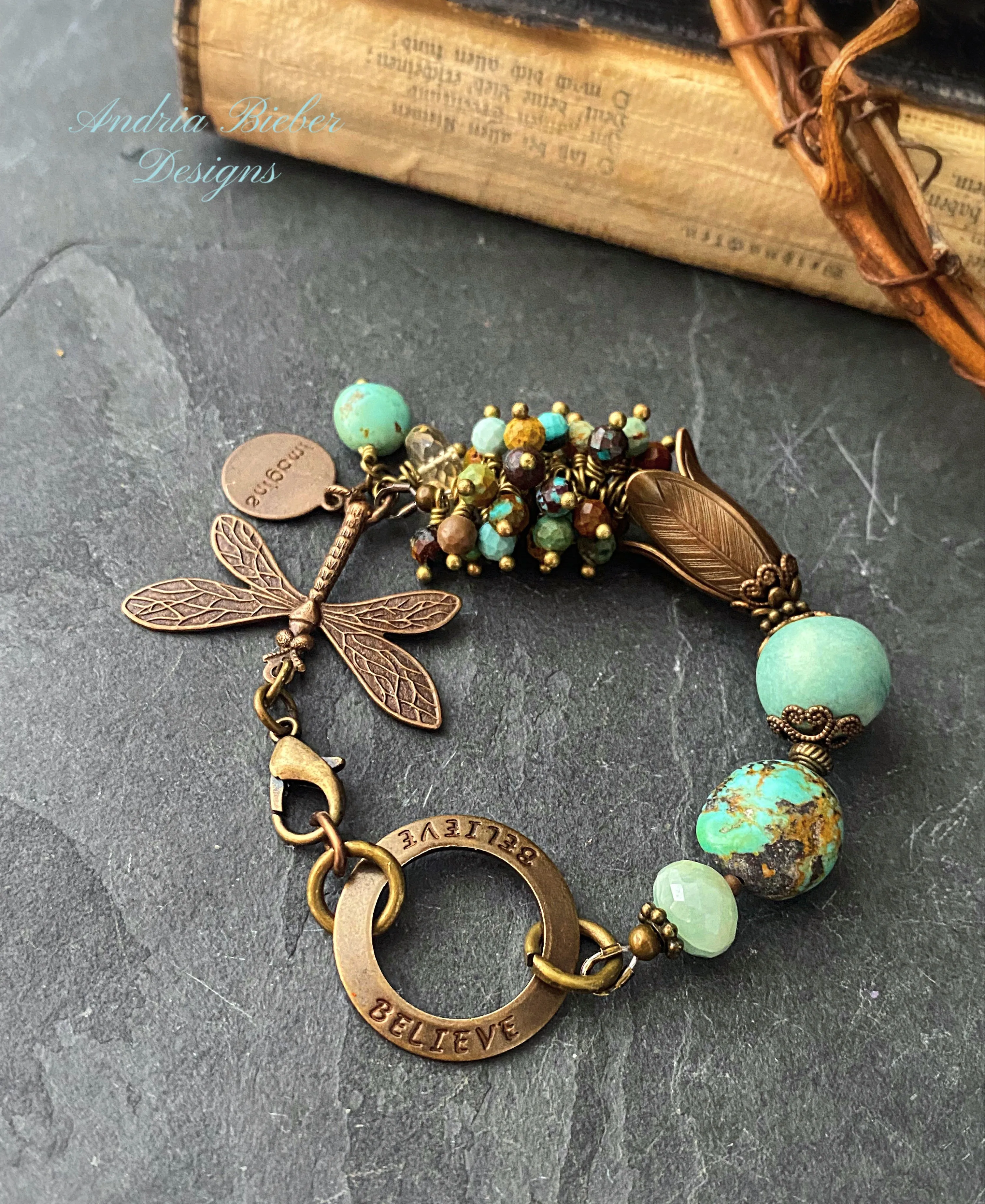 Turquoise, amazonite, ceramic, bronze metal, bracelet, KIT